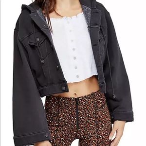 Free People Womens Destroyed Hooded Cropped Fleece Jacket